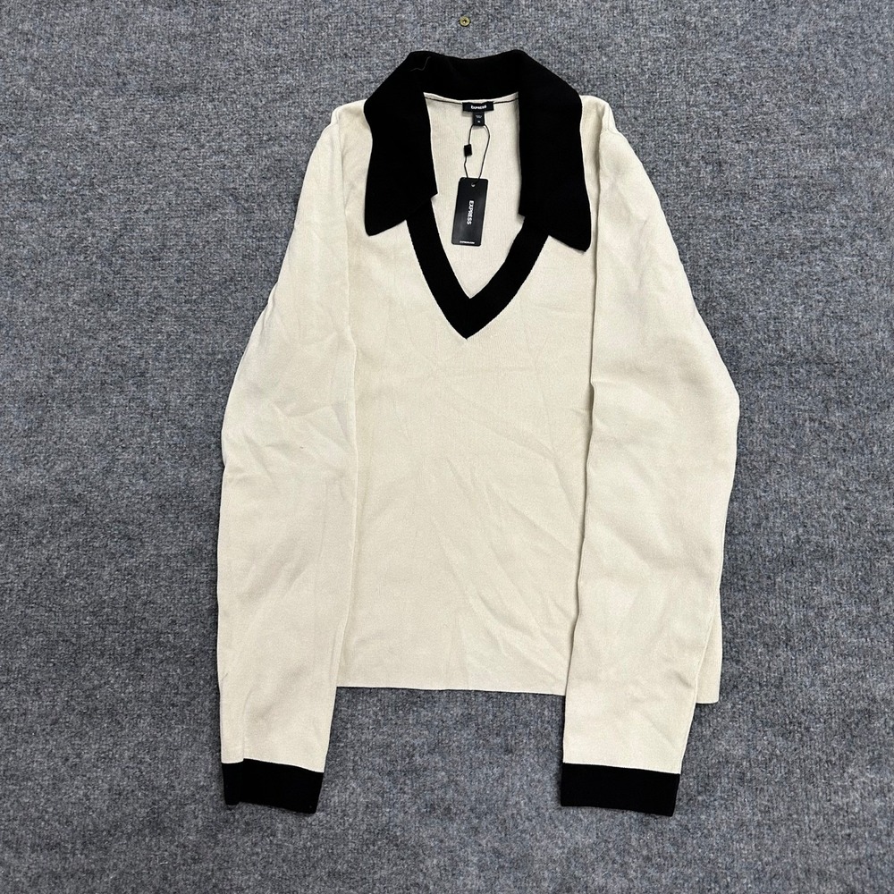 Express Sweater Womens Size XL Cream Black V-Neck Polo Collar Long Sleeve New